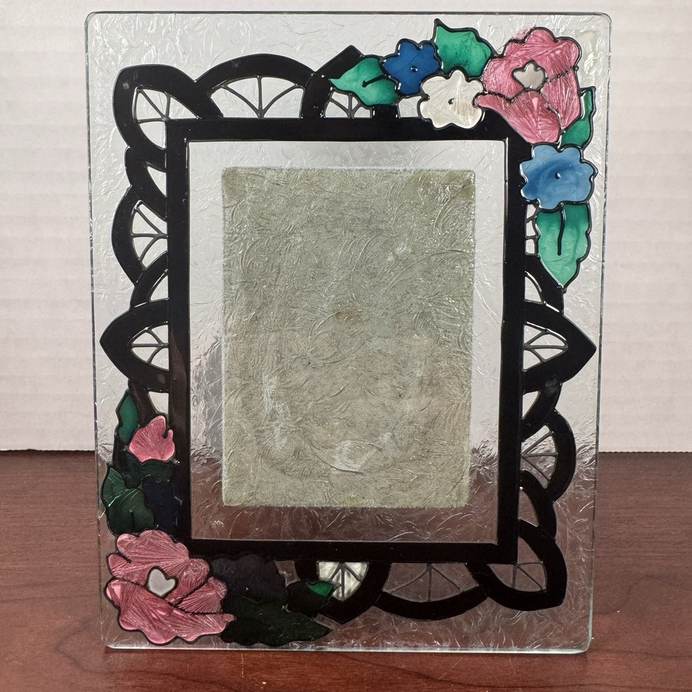 Vintage Joan Baker Designs Floral Hand-Painted Glass Photo Frame 1997 2.5x3.5